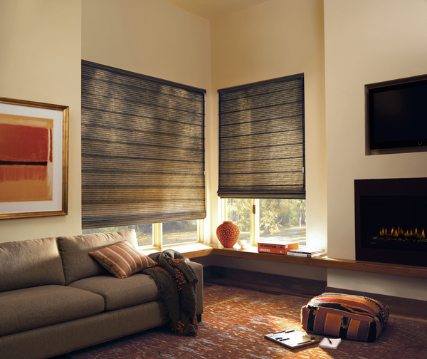 Living room with elegant Roman Shades on windows adding style and light control