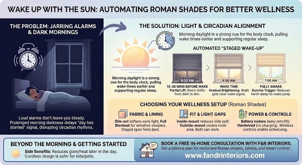 Wake up with the sun using automated roman shades and custom blinds in Los Angeles