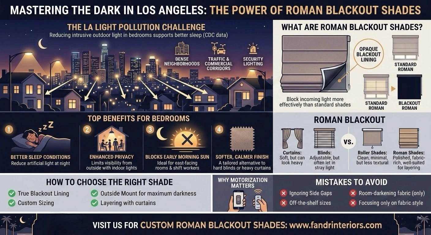 Mastering the dark infographic showing how custom blinds in Los Angeles help reduce light pollution